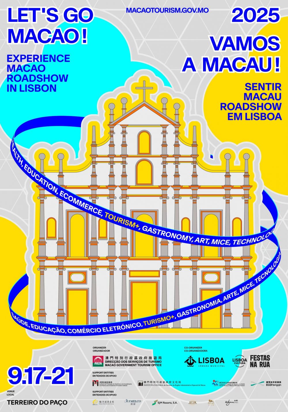 Official event poster for the 'Vamos a Macau! Sentir Macau Roadshow em Lisboa'