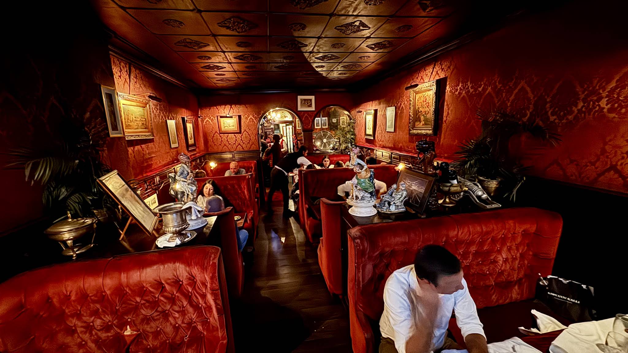 Velvet and stained glass decor inside Old Vic.